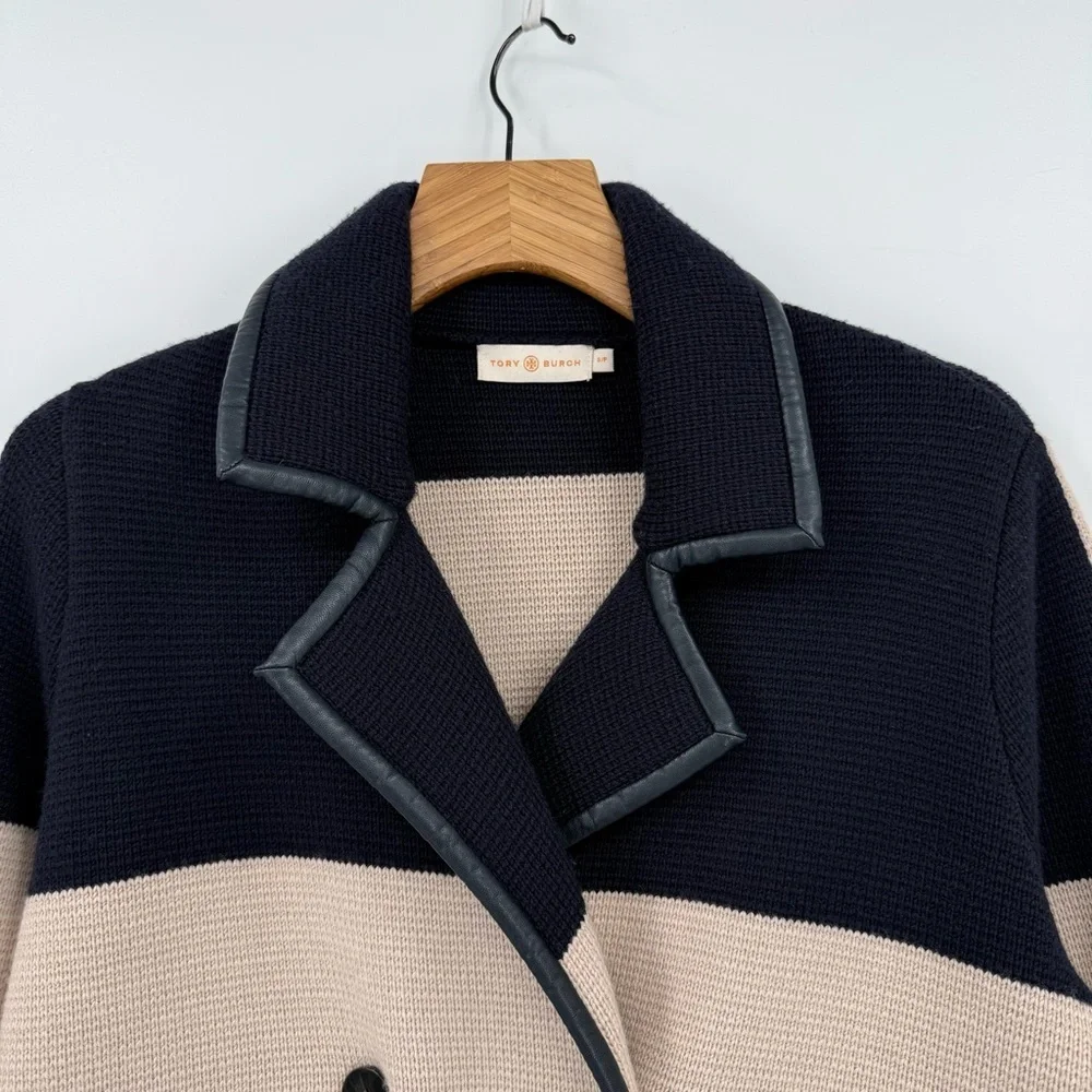 Tory Burch Nautical Colorblock Heavyweight Merino Wool Double Breasted Coat S